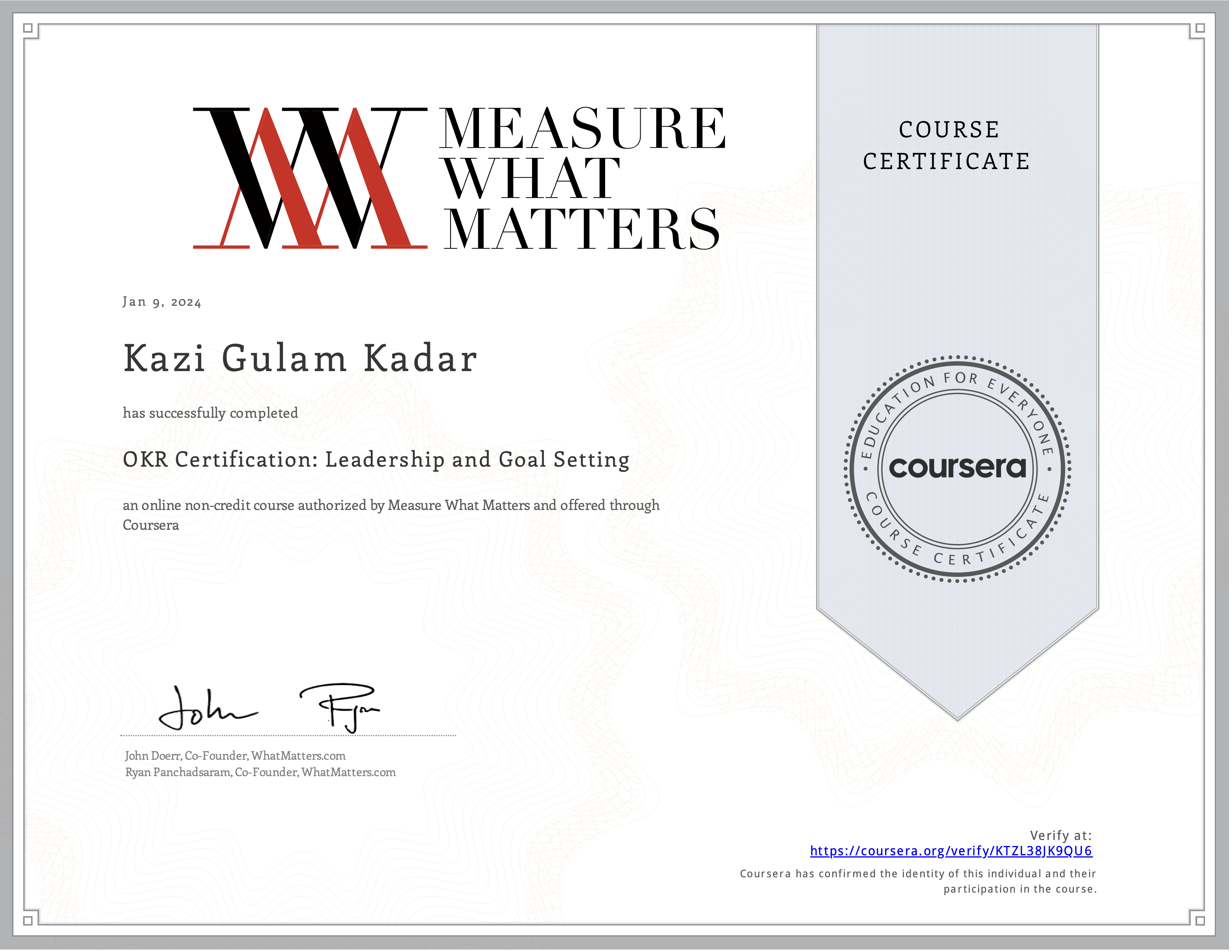 Coursera OKR Certificate for Kazi Gulam Kadar