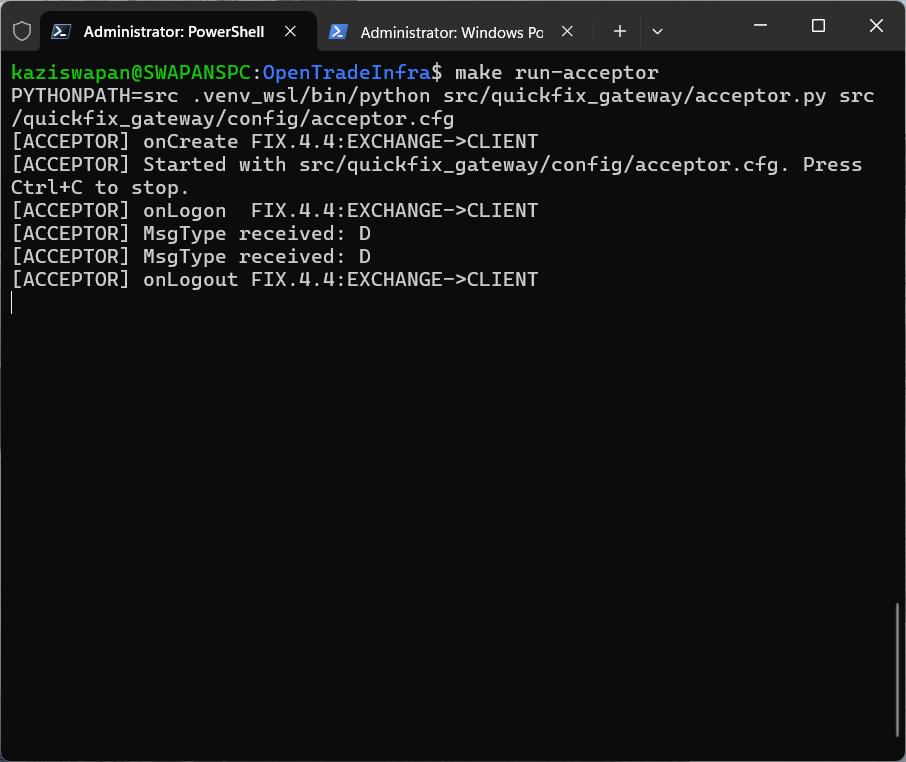 OpenTradeInfra M1 – FIX Acceptor running
